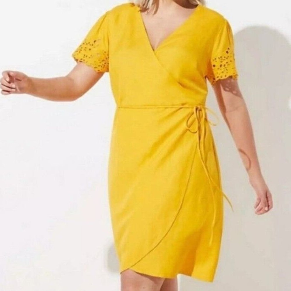 Loft Linen Blend Eyelet Sleeves Yellow Wrap Dress Size Small P